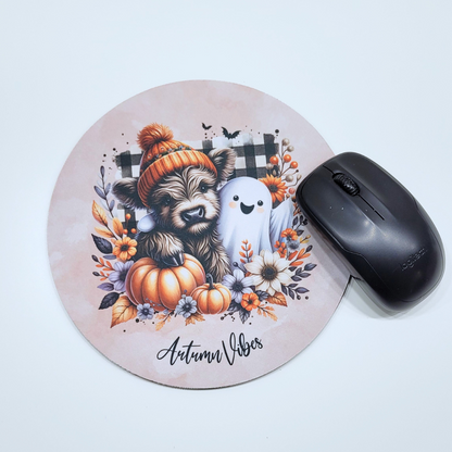 Highland Cow and Ghost Mouse Mat – Autumn-Themed Desk Accessory