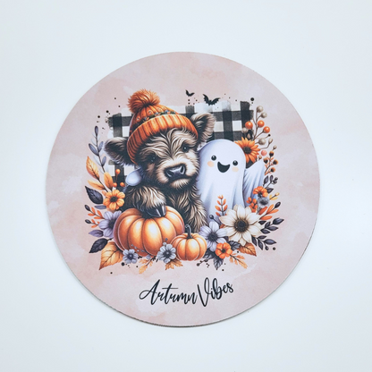 Highland Cow and Ghost Mouse Mat – Autumn-Themed Desk Accessory