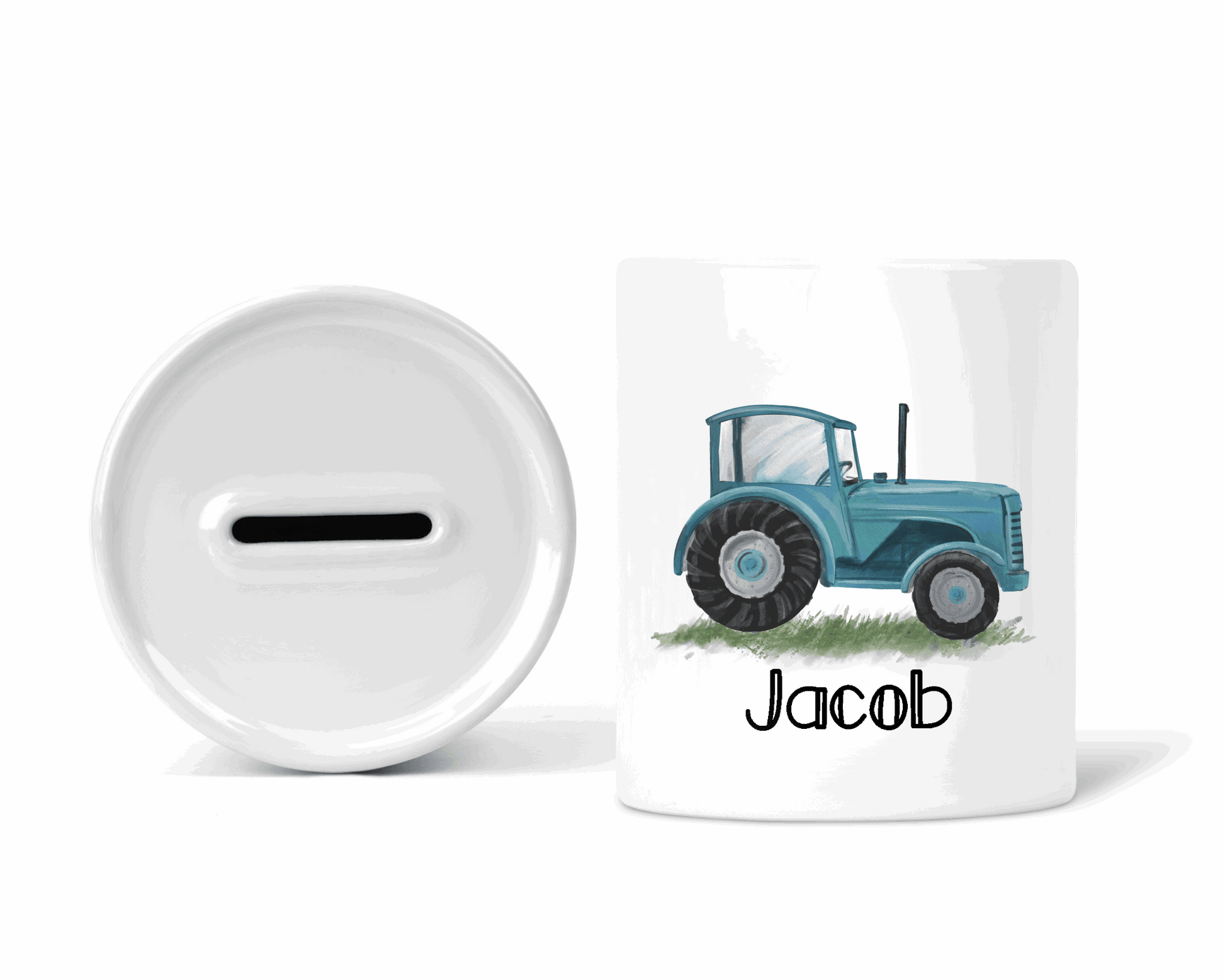 Blue tractor personalised money box - gift ideas - ceramic money box - moose and goose gifts