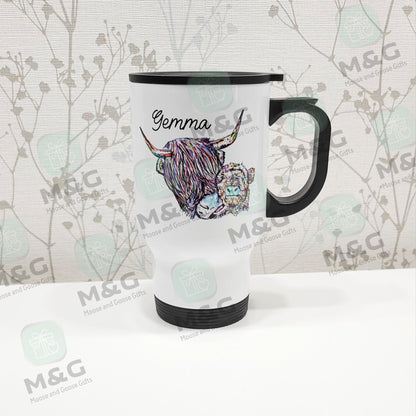 Highland cow and calf travel mug - personalised mug