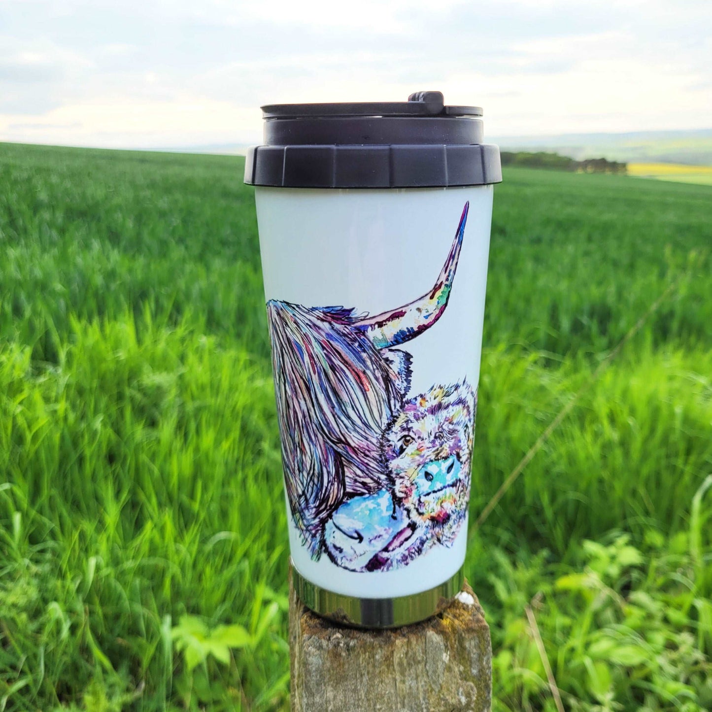 Watercolour highland cow insulated travel mug