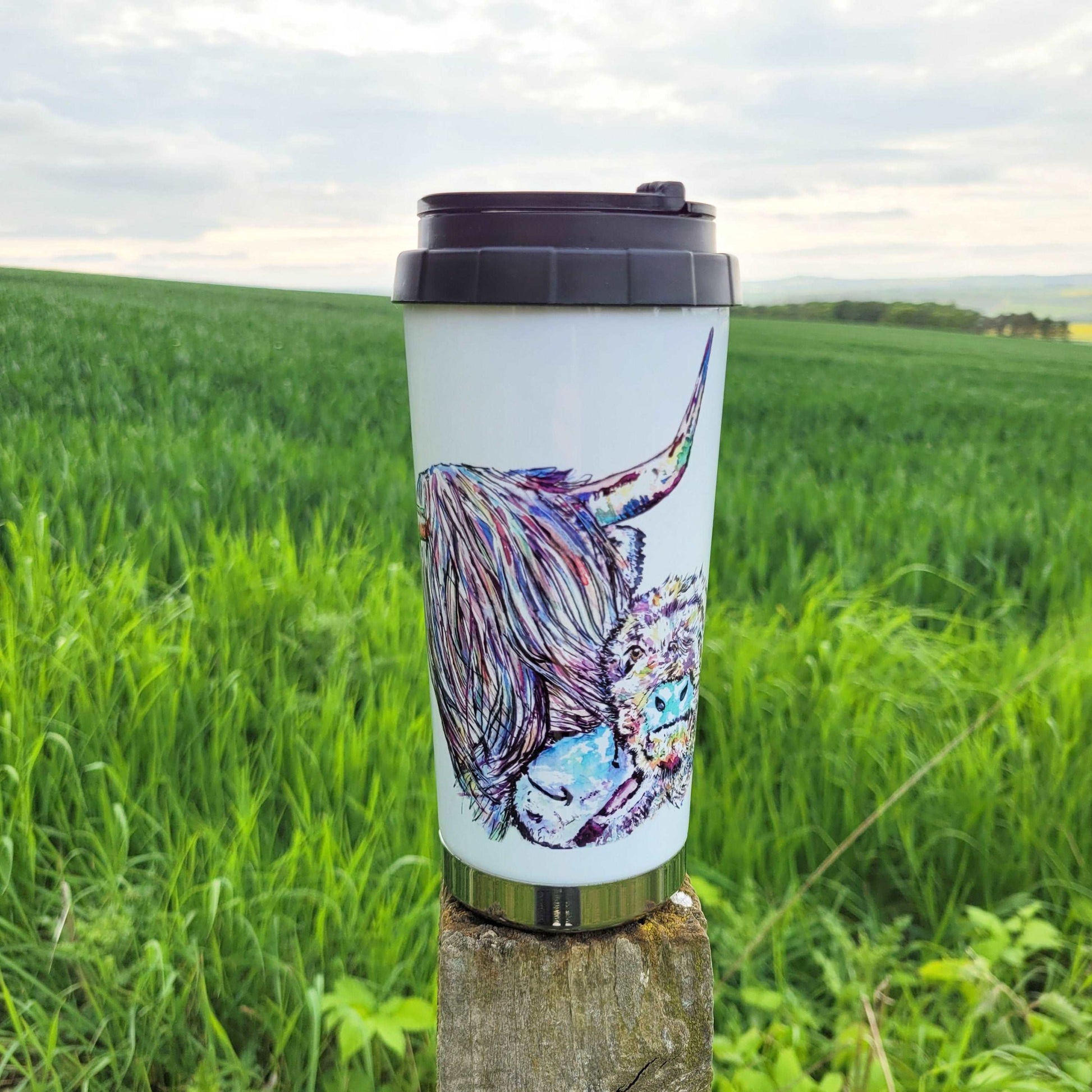 Watercolour highland cow travel mug